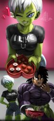 1boy 1girls 2d abs alien alien_girl biceps big_breasts black_hair blue_eyes breasts broly broly_(dragon_ball_super) busty cheelai chocolate cleavage clothing dragon_ball dragon_ball_super eating elitenappa female green-skinned_female green_skin huge_breasts male muscular muscular_male nipple_bulge no_bra oblivious safe saiyan shirt shorts smile text text_on_clothing text_on_shirt thick_thighs valentine's_day voluptuous white_hair wide_hips wink winking_at_viewer rating:Safe score:156 user:Rex_Hollins