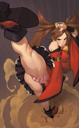 1girls action_pose arc_system_works breasts brown_hair female guilty_gear kicking kuradoberi_jam large_breasts long_hair panties pantyshot rizdraws solo striped_panties thick_thighs thighs rating:Questionable score:279 user:NightSky77