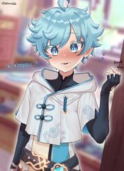 1boy bedroom blue_hair blush btms666 chongyun_(genshin_impact) clothed clothing femboy flushed genshin_impact gloves hood human light-skinned_male light_blue_hair light_skin looking_at_viewer male male_only pale_skin robe shocked short_hair solo surprised xingqiu_(genshin_impact) rating:Questionable score:115 user:cherry_bosom