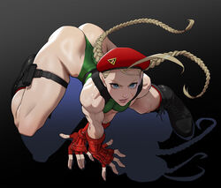 1girls ahoge ass beret blonde_hair blue_eyes boots braid cammy_white chest_harness combat_boots dat_ass female fingerless_gloves gloves green_leotard harness hat highleg highleg_leotard highres holster leotard long_hair loped muscular muscular_female round_ass scar simple_background solo street_fighter street_fighter_v thigh_holster thong_leotard twin_braids rating:Questionable score:96 user:Giganto