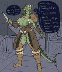 anthro argonian armor bethesda_softworks big_breasts blush bodily_fluids breasts chorsinnell39 dagger deeja english_text female genital_fluids genitals green_body green_nipples green_scales hi_res holding_dagger huge_breasts lactating melee_weapon nipples pussy pussy_juice scales scalie solo stats sweat text the_elder_scrolls unconvincing_armor weapon yellow_eyes rating:Explicit score:159 user:bot