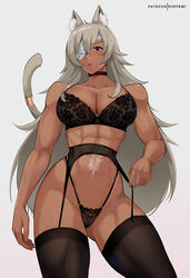 1girls abdominal_scar abs black_lingerie black_stockings bra breasts brown_skin cat_ears cat_tail catgirl choker dark-skinned_female dark_skin eyepatch female fit fit_female g-string garter_belt ghislaine_dedoldia high_resolution hioyami huge_breasts lingerie long_hair low-angle_view mushoku_tensei red_eyes scar stockings tail thick_thighs white_hair rating:Questionable score:274 user:NightSky77