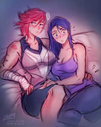 2girls arcane arcane_caitlyn arcane_vi artist_name blue_eyes blue_hair blush caitlyn_kiramman cuddling cute female female_only hand_on_hip iahfy large_breasts league_of_legends lesbian muscular_female pink_hair surprised tattoo vi wholesome wraps yuri rating:Safe score:157 user:ZBM