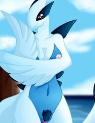 anthro blue_skin breasts c0sm0 closed_mouth color day female female_only front_view hair looking_at_viewer lugia nipples nude open_eyes outdoors pink_eyes pink_nipples pokemon pubic_hair sky smile solo standing tail water white_skin wings rating:Explicit score:2 user:bot