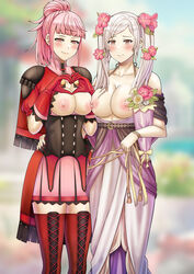 2girls absurdres alternate_costume alternate_hairstyle arm_around_waist bangs bare_thighs blurry blurry_background blush boots bow breasts breasts_out brown_eyes collarbone dress female female_only fire_emblem fire_emblem:_three_houses fire_emblem_awakening fire_emblem_heroes fire_emblem_warriors:_three_hopes flower gesture gloves grey_hair hair_flower hair_ornament heart heart_hands highres hilda_valentine_goneril large_breasts long_dress long_hair looking_at_viewer medium_breasts medium_hair multiple_girls naughty_face nintendo nipples official_alternate_costume official_alternate_hairstyle pink_eyes pink_hair ponytail red_gloves red_thighhighs ribbon robin_(fire_emblem) robin_(fire_emblem)_(female) saikunartworks skirt smile strapless strapless_dress thigh_boots thighhighs thighs twintails white_dress zettai_ryouiki rating:Questionable score:50 user:kris923