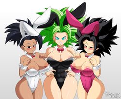 3girls big_breasts black_eyes black_hair blue_eyes blush blushing_at_viewer breasts bunny_costume bunny_girl bunnysuit byghosteduard caulifla cute dark-skinned_female dragon_ball dragon_ball_super female female_only female_saiyan girl green_hair group kale kefla legendary_super_saiyan saiyan smile super_saiyan super_saiyan_2 trio universe_6 universe_6/universe_7 rating:Questionable score:192 user:by_ghost