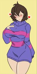 1girls aged_up bare_legs before_sex big_breasts blush breasts clothed clothing crotch crotch_seam edit edited female female_only fleet-foot frisk hand_on_breast heart large_breasts oversized_clothes oversized_sweater short_hair simple_background solid_color_background solo sweater sweater_dress sweater_only thighs topwear undertail undertale undertale_(series) yellow_background rating:Questionable score:118 user:Frisk_Dreemurr