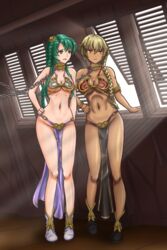 2girls absurd_res absurdres alternate_hairstyle belly_dancer belly_dancer_outfit bikini blonde_hair bondage bracelet braid braided_ponytail brown_eyes cecilia_(fire_emblem) chain_leash chains cleavage collar crossover dark-skinned_female dark_skin female female_only femsub fire_emblem fire_emblem:_the_binding_blade green_eyes green_hair hair_ornament harem harem_girl harem_outfit hi_res highres igrene_(fire_emblem) leash light-skinned_female light_skin loincloth long_hair nintendo skimpy slave slave_bikini slave_collar slave_leia_(cosplay) slave_outfit slavegirl star_wars very_high_resolution very_long_hair zarohidehire rating:Questionable score:40 user:MegaTank