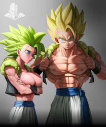 1boy 1girls abs biceps big_breasts blonde_hair blue_eyes breasts caule clothing dragon_ball dragon_ball_super elitenappa female female_saiyan fusion gogeta green_hair kefla legendary_super_saiyan looking_at_each_other male muscular muscular_male pants pecs saiyan showing_off super_saiyan super_saiyan_2 toned toned_female vest rating:Questionable score:172 user:Rex_Hollins