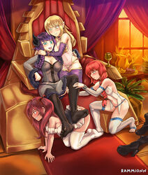 4girls all_fours angry ass big_ass black_panties blonde_hair blue_eyes boots braided_ponytail breasts character_request clenched_teeth copyright_request elf female female_only femdom femsub foot_fetish frown harem hug indoors large_breasts massage medium_breasts multiple_girls multiple_subs multiple_subs_one_dom nightgown open_mouth orange_hair panties pantyhose pointy_ears ponytail purple_hair rammionn red_eyes red_hair royalty see-through slave slave_outfit smile stepped_on thighhighs throne underwear yellow_eyes yuri rating:Questionable score:76 user:kris923