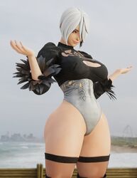 3d angel_(kof) ass big_ass big_breasts cosplay cpt-flapjack crossover_cosplay king_of_fighters lieutenant_flapjack light-skinned_female light_skin nier:_automata short_hair thick_ass thick_thighs white_hair yorha_2b_(cosplay) rating:Questionable score:80 user:Crcole331