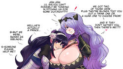 2girls ara_ara breast_size_difference breasts busty camilla_(fire_emblem) cleavage corrin_(fire_emblem) corrin_(fire_emblem)_(female) dialogue english_text female fire_emblem fire_emblem_fates hair_over_one_eye huge_breasts large_breasts long_ears long_hair medium_breasts nintendo original pink_hair pinkkoffin purple_eyes purple_hair simple_background text voluptuous rating:Questionable score:78 user:NightSky77