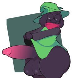 1boy analog_worm anthro balls big_ass big_balls big_penis black_fur deltarune erection femboy glasses goat green_clothing hat horns huge_ass huge_balls huge_cock male male_only penis ralsei scarf shirt_lift solo thick_thighs rating:Explicit score:105 user:FilthNHyper