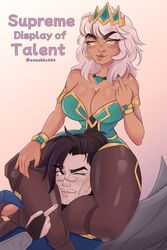 1boy 1girls big_breasts bracelet commission crown dark-skinned_female dark_skin highres league_of_legends light-skinned_male nail_polish necklace pantyhose qiyana_yunalai riot_games thick_thighs tiara wasabby666 white_hair yasuo rating:Questionable score:24 user:Totobro