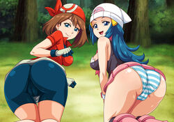 2girls all_fours alternate_breast_size ass bike_shorts breasts cameltoe dawn_(pokemon) female gloves hat looking_at_viewer may_(pokemon) may_(pokemon_rs) panties pokemon sano-br shimapan shorts skirt striped_panties tagme rating:Explicit score:162 user:benja9z