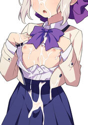 blue_skirt blush bow breasts clothed_female commission cum cum_on_body cum_on_breasts cum_on_clothes cum_on_face cum_on_hair cum_on_hand exposed_breasts facial female hairbow head_out_of_frame highres kanojo_mo_kanojo kiryuu_shino long_sleeves morisobo no_bra open_clothes open_mouth open_shirt purple_bow school_uniform shirt simple_background skeb_commission skirt small_breasts solo solo_female straight vest white_background white_shirt yellow_vest rating:Explicit score:377 user:bot