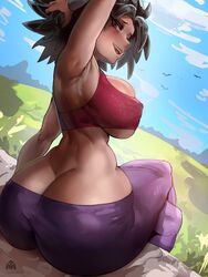 1girls alamanderarts arm_up armpits ass ass_cleavage big_ass big_breasts black_hair breasts bubble_butt butt_crack caulifla clothing crop_top dat_ass dragon_ball dragon_ball_super dumptruck_ass fat_ass female female_only female_saiyan hand_behind_head huge_ass large_ass legs_crossed looking_at_viewer looking_back no_panties outside pants saiyan sitting smile solo thick_ass thick_thighs wide_hips rating:Questionable score:177 user:Rex_Hollins