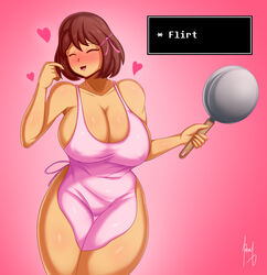 1girls apron big_breasts blush breasts cleavage female female_frisk frisk heart human human_only purplehorny redraw solo solo_female text undertale undertale_(series) rating:Questionable score:151 user:HornyBonnieP