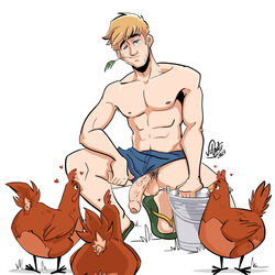 boner chickens erect_penis erection farmer hard_on hole_(anatomy) looking_at_viewer male male_only muscles muscular muscular_male penis_through_leghole squatting uncut veiny_penis velgaty wheat_in_mouth rating:Explicit score:18 user:musclebro9