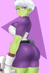 1girls 2d ass cheelai clothed clothed_female clothes clothing dragon_ball dragon_ball_super female female_focus female_only flytrapxx green-skinned_female green_skin gun smile tagme white_hair rating:Questionable score:151 user:Nach0id333