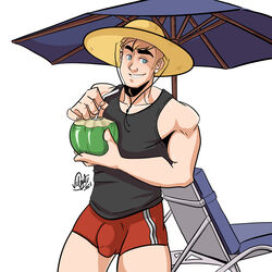 beach big_bulge bulge coconut_drink huge_bulge male male_only muscles muscular muscular_male penis_outline umbrella velgaty rating:Questionable score:5 user:musclebro9