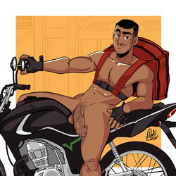 backpack boner dark-skinned_male dark_skin delivery_boy erect_penis erection hard_on leaning_back looking_at_viewer male male_only melanin motorcycle muscles muscular muscular_male nude uncut veiny_penis velgaty rating:Explicit score:31 user:musclebro9