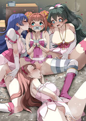 4girls blue_hair blush breasts brown_hair female female_only ganaha_hibiki green_hair high_resolution idolmaster kisaragi_chihaya large_breasts light-skinned_female light_skin long_hair minase_iori monobe monobe_yuri naughty_face short_hair suggestive_look tagme takatsuki_yayoi thick_thighs twin_buns yuri rating:Explicit score:136 user:NightSky77