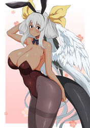 1girls alternate_color angel_wings animal_ears arm_above_head arm_up asymmetrical_wings bangs bare_shoulders black_bow black_bowtie black_leotard blush border bow bowtie breasts bunnysuit chinese_zodiac cleavage collar collarbone covered_navel dark-skinned_female dark_skin detached_collar dizzy_(guilty_gear) fake_animal_ears female fuuma_(bangolga1) grey_hair guilty_gear hair_between_eyes hair_ribbon hair_rings highres huge_breasts large_breasts leotard long_hair looking_at_viewer mature_female milf monster_girl pantyhose pink_background playboy_bunny rabbit_ears red_eyes ribbon sideboob sidelocks smile solo tail tan twintails white_border wings year_of_the_rabbit rating:Questionable score:33 user:vagabond512