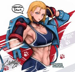 1girls 2023 abs blonde_hair blue_jacket breasts cammy_white capcom choker crop_top cropped_jacket cropped_torso english_text female female_only fingerless_gloves fully_clothed gloves hershuar jacket looking_at_viewer midriff muscular muscular_female navel parted_lips short_hair solo speech_bubble street_fighter street_fighter_6 upper_body rating:Safe score:189 user:Crcole331