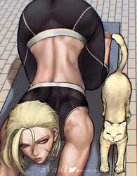 1girls alternate_hairstyle artist_name ass ayaki777 biceps big_ass blonde_hair cammy_white capcom cat crop_top feline female female_focus fully_clothed highres looking_at_another muscular muscular_female pants parted_lips scar scar_on_cheek scar_on_face short_hair sleeveless street_fighter street_fighter_6 stretching tight tight_pants top-down_bottom-up yoga_mat rating:Safe score:229 user:Crcole331