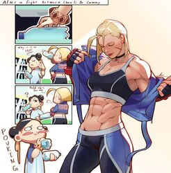 2girls 3koma abs absurdres aroused asian asian_female biceps bisexual bisexual_(female) bisexual_female black_hair blonde_hair blush bottle british broad_shoulders cammy_white capcom chibi choker chun-li closed_eyes comic drinking english_text female female_only fingerless_gloves fully_clothed gloves highres implied_yuri jacket kenji_uz looking_at_another multiple_girls muscular muscular_female obliques scar scar_on_face six_pack spill sportswear street_fighter street_fighter_6 undressing union_jack water_bottle yuri rating:Safe score:218 user:Crcole331