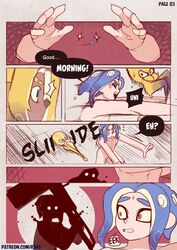 2boys blue_eyes blue_hair comic comic_page dark-skinned_male dark_skin dialogue femboy light-skinned_male light_skin male male_only nude octoling octoling_boy orange_eyes ra4s shower showering splatoon tagme twink yaoi yellow_hair rating:Explicit score:99 user:Yarz0nar