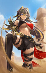 1girls belly belly_button black_hair blue_eyes boots breasts cat_ears clothing dark-skinned_female dark_skin dehya_(genshin_impact) desert earrings female female_focus female_only genshin_impact hair hair_between_eyes high_resolution highres large_breasts lion liu_liaoliao long_hair looking_at_viewer multicolored_hair nail_polish red_nails smiling solo solo_female standing thick_thighs rating:Questionable score:99 user:Filo69