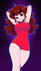 2d :) benzbt big_breasts cute demon demon_girl demon_horns female female_only friday_night_funkin girlfriend_(friday_night_funkin) glowing_eye horns looking_at_viewer posing red_dress red_hair short_dress smile smiling thick_thighs thighs rating:Questionable score:185 user:Zummay05