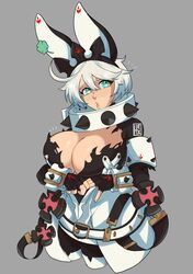 blue_eyes blush breasts elphelt_valentine fake_animal_ears female fingerless_gloves guilty_gear hexprinxess huge_breasts large_breasts looking_at_viewer rabbit_ears solo wedding_dress white_hair rating:Questionable score:102 user:kallen2020