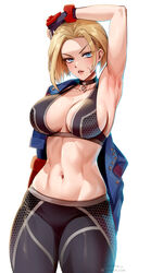 1girls armpits arms_up blonde_hair blue_eyes breasts cammy_white capcom facial_scar female female_only fit fit_female foxy_rain_(foxyreine) foxyrain_(foxyreine) foxyreine fully_clothed jacket large_breasts light-skinned_female light_skin navel short_hair solo sports_bra sportswear street_fighter street_fighter_6 thick_thighs tight_pants toned wide_hips rating:Safe score:142 user:NightSky77