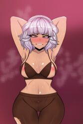 big_breasts blush female_only hands_behind_head kimtoxic league_of_legends lingerie qiyana_yunalai sweat sweaty tagme_(artist) thigh_gap white_hair wide_hips rating:Explicit score:259 user:deleted5695