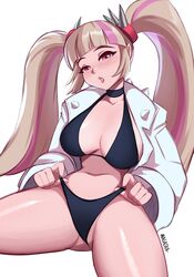 1girls 2d 2d_(artwork) adjusting_panties ass_visible_through_thighs big_breasts black_bikini black_underwear female_only fortnite fortnite:_battle_royale lennox_rose_(fortnite) light-skinned_female light_skin long_hair magaska19 open_jacket open_legs pink_eyes pink_lips revealing_clothes sitting solo_female tired twintails two_tone_hair white_background white_jacket rating:Explicit score:250 user:Sonnentyp