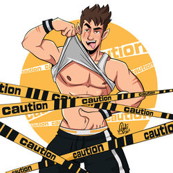 caution_tape male male_only muscles muscular muscular_male pietro_(velgaty) pointy_ears shirt_lift tongue_out twitter_user_oc velgaty rating:Safe score:3 user:musclebro9