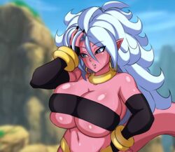 android_21 android_21_(good) big_breasts bio-android_(dragon_ball) blue_eyes bracelet bracelets breasts choker cleavage darwaarts dragon_ball dragon_ball_fighterz enormous_breasts giant_breasts gigantic_breasts gold_jewelry hand_on_head hand_on_hip hoop_earrings huge_breasts jewelry large_breasts majin_android_21 massive_breasts midriff navel outdoors outside pink_skin plump_lips sweat sweatdrop sweating tail tight_clothes tight_clothing tight_fit tube_top tubetop wavy_hair white_hair rating:Questionable score:135 user:Saxton_Jr