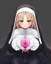 artificial_vagina bangs black_dress blonde_hair blush breasts brown_eyes brown_hair capelet closed_mouth commentary_request dress female festa11307070 frilled_gloves frills full-length_zipper gloves grey_background habit high_collar holding large_breasts light_brown_hair long_dress long_hair long_sleeves looking_at_viewer nijisanji nun sex_toy signature simple_background sister_cleaire smile solo straight_hair virtual_youtuber white_capelet white_gloves yellow_eyes zipper zipper_dress rating:Explicit score:96 user:bot