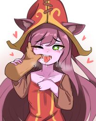 <3 1girls absurd_res animal_ears breasts cheonnop_(artist) disembodied_hand dripping female finger_in_mouth green_eyes heart hearts highres league_of_legends long_hair lulu_the_fae_sorceress mouth_hold one_eye_closed open_mouth pink_hair purple_hair purple_skin riot_games saliva saliva_trail small_breasts tears teasing teeth tongue tongue_out very_long_hair witch_hat yordle rating:Questionable score:141 user:Tristana_Simp