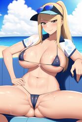 ai_generated areolae beach belly_button big_breasts bikini blonde_hair breasts cameltoe covered_nipples eyewear_on_head female female_only hand_on_hip large_breasts long_hair looking_at_viewer metroid micro_bikini nintendo samus_aran sitting solo solo_female spread_legs sunglasses thick_thighs thong tied_hair visor_cap voluptuous voluptuous_female wet wet_body wet_clothes white_shirt wide_hips rating:Questionable score:65 user:ThePostsman