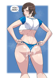 absurdres adjusting_clothes anger_vein ass back blue_background blue_panties blue_shirt border breasts brown_eyes brown_hair cirenk clenched_teeth commission crop_top cum cum_on_ass female highres kazama_asuka kneepits large_breasts looking_back no_bra panties raglan_sleeves shirt short_hair sideboob solo speech_bubble spoken_anger_vein teeth tekken thighs two-tone_shirt underboob underwear white_border white_shirt rating:Explicit score:222 user:bot