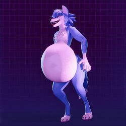  2024 animated anthro belly belly_inflation big_belly blopfry blue_body blue_fur blue_hair canid canine canis chest_tuft detailed_background domestic_dog fur hair happy inflation jumping male mammal raeny_(blopfry) solo tuft waving_tail  rating:questionable score: user:bot