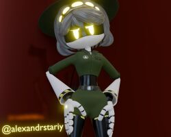  1girls alexandrstariy clothed cute drone glitch_productions gray_hair murder_drones robot robot_girl sexy sexy_pose standing v_(murder_drones) white_body yellow_eyes  rating:explicit score: user:bot