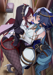 2girls blue_hair breasts female genshin_impact hips huge_breasts kissing layla_(genshin_impact) light-skinned_female light_skin long_hair monobe monobe_yuri nun nun's_habit nun_outfit red_hair rosaria_(genshin_impact) short_hair thick_thighs thighs wide_hips yuri rating:Questionable score:442 user:NightSky77