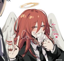 2boys angel_devil_(chainsaw_man) blush chainsaw_man eating femboy gay halo hayakawa_aki ice_cream kurenaiz1 peace_sign red_eyes red_hair seductive seductive_look suit text yaoi rating:Explicit score:327 user:Cum_Dumptruck