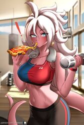 ! android_21 android_21_(good) blue_eyes clothed dragon_ball dragon_ball_fighterz dragon_ball_z eating gym looking_at_viewer majin majin_android_21 peabean pink_body pink_skin pizza sweat towel_around_neck weightlifting weights white_hair workout_clothes rating:Questionable score:113 user:Cstrike44