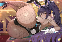 1girls ass blue_archive blush breasts brown_skin bunny_ears bunny_girl bunnysuit dark-skinned_female dark_skin dat_ass female fishnet_legwear fishnets highleg_leotard huge_ass huge_breasts indoors kakumayu karin_(blue_archive) karin_(bunny)_(blue_archive) leotard long_hair purple_hair yellow_eyes rating:Questionable score:89 user:NightSky77